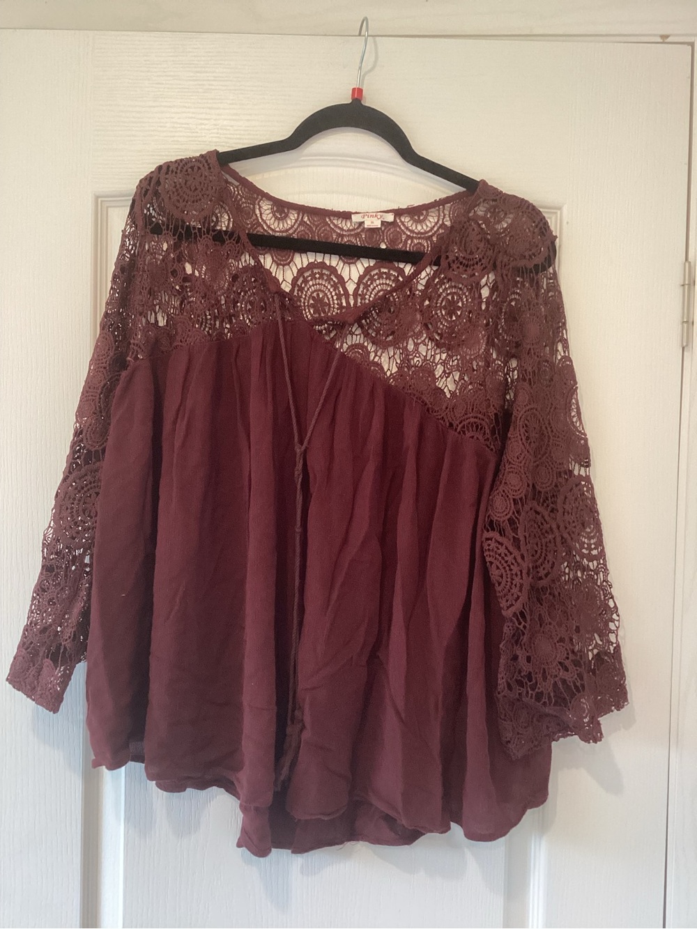 Pinky Lace Yoke Boho Blouse in Wine 2XL,EUC